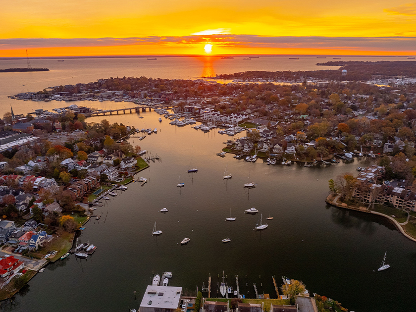 An aerial view of the Annapolis Harbor at sunset