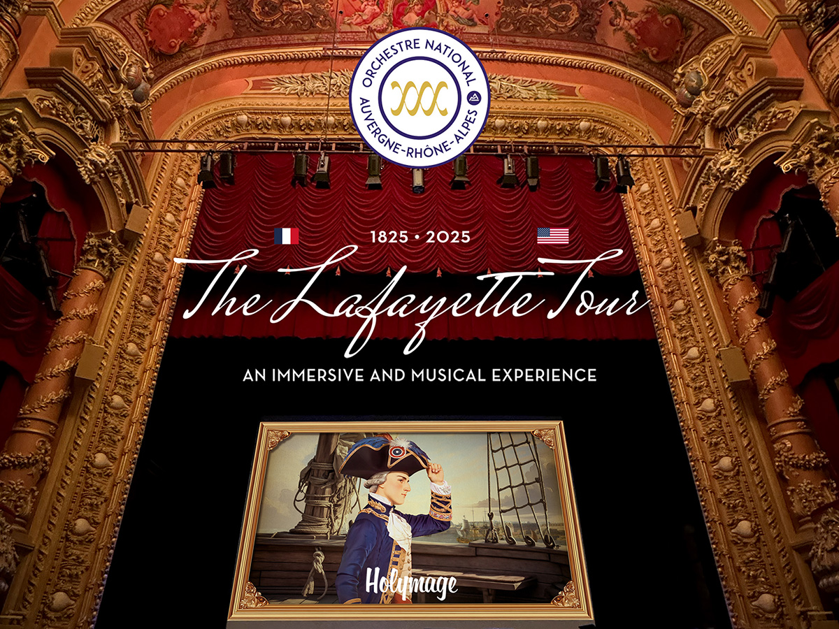 A graphic depicting a French-style theatre and advertising The Lafayette Tour immersive and musical experience